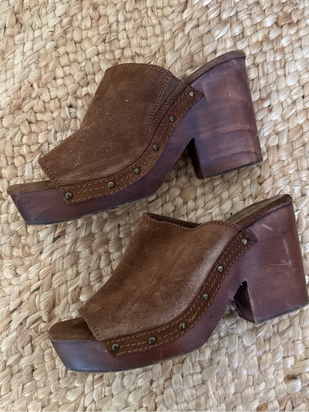 MANGO BROWN LEATHER PLATFORM MULES CLOGS Size 7